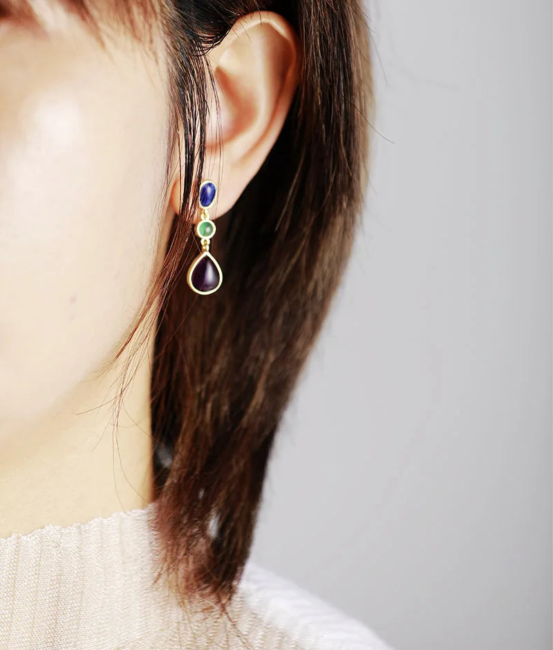Natural Gemstone Amethyst & Lapis Stud Earrings