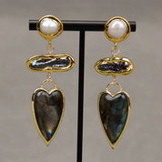 Natural Black Biwa Pearl & Labradorite Gemstone Heart Earrings