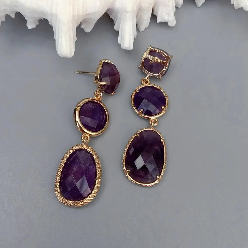 Natural Gemstone Purple Amethyst & Sunstone Drop Earrings