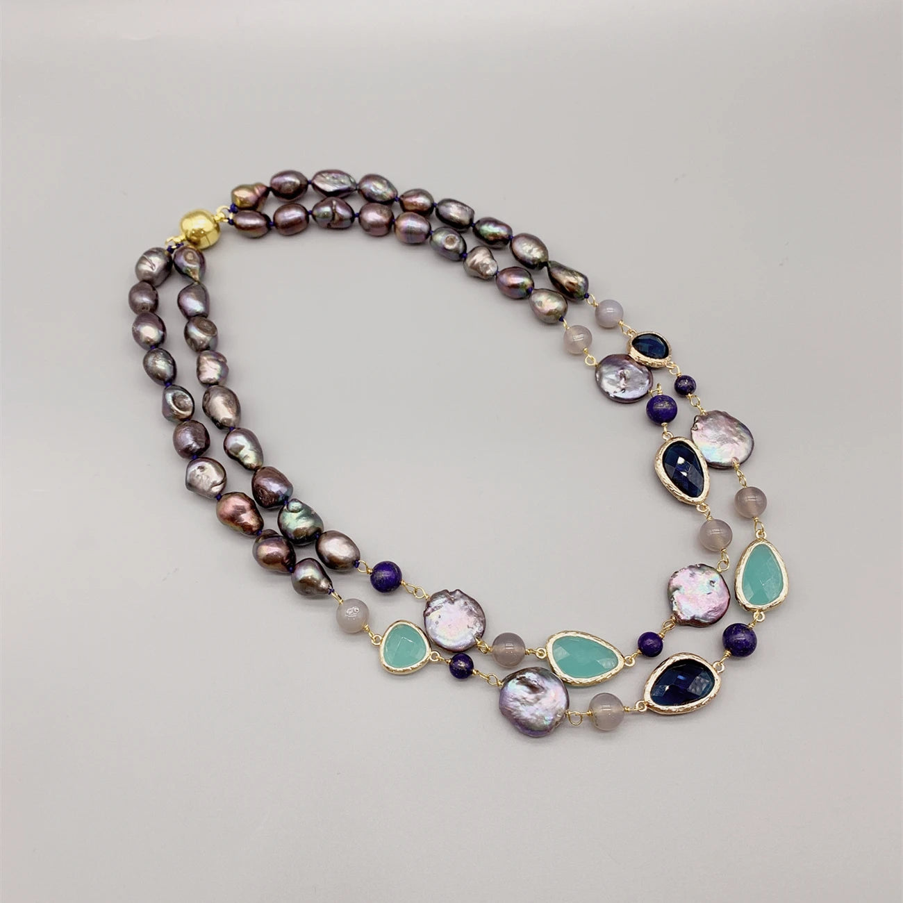 Natural Pearl And Aqua Blue Quartz & Lapis Gemstone Necklace