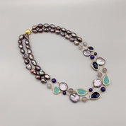 Natural Pearl And Aqua Blue Quartz & Lapis Gemstone Necklace