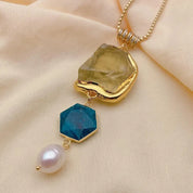 Natural Lemon Quartz & Blue Apatite Gemstone and Keshi Pearl Necklace