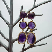 Natural Gemstone Purple Amethyst & Sunstone Drop Earrings