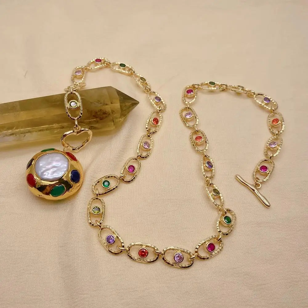 Natural Cultured Pearl Multi stone CZ Pave Rosary Chain