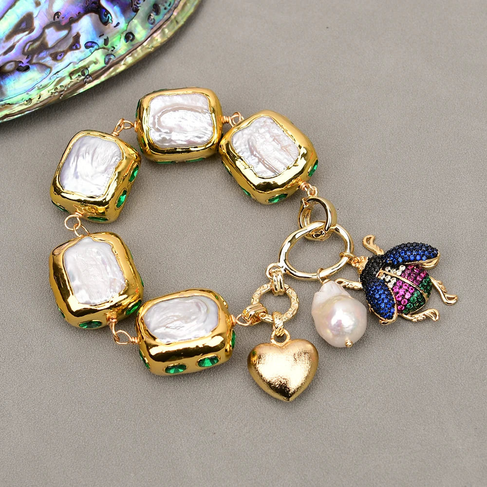 Natural Keshi Pearl Green Crystal Bracelet
