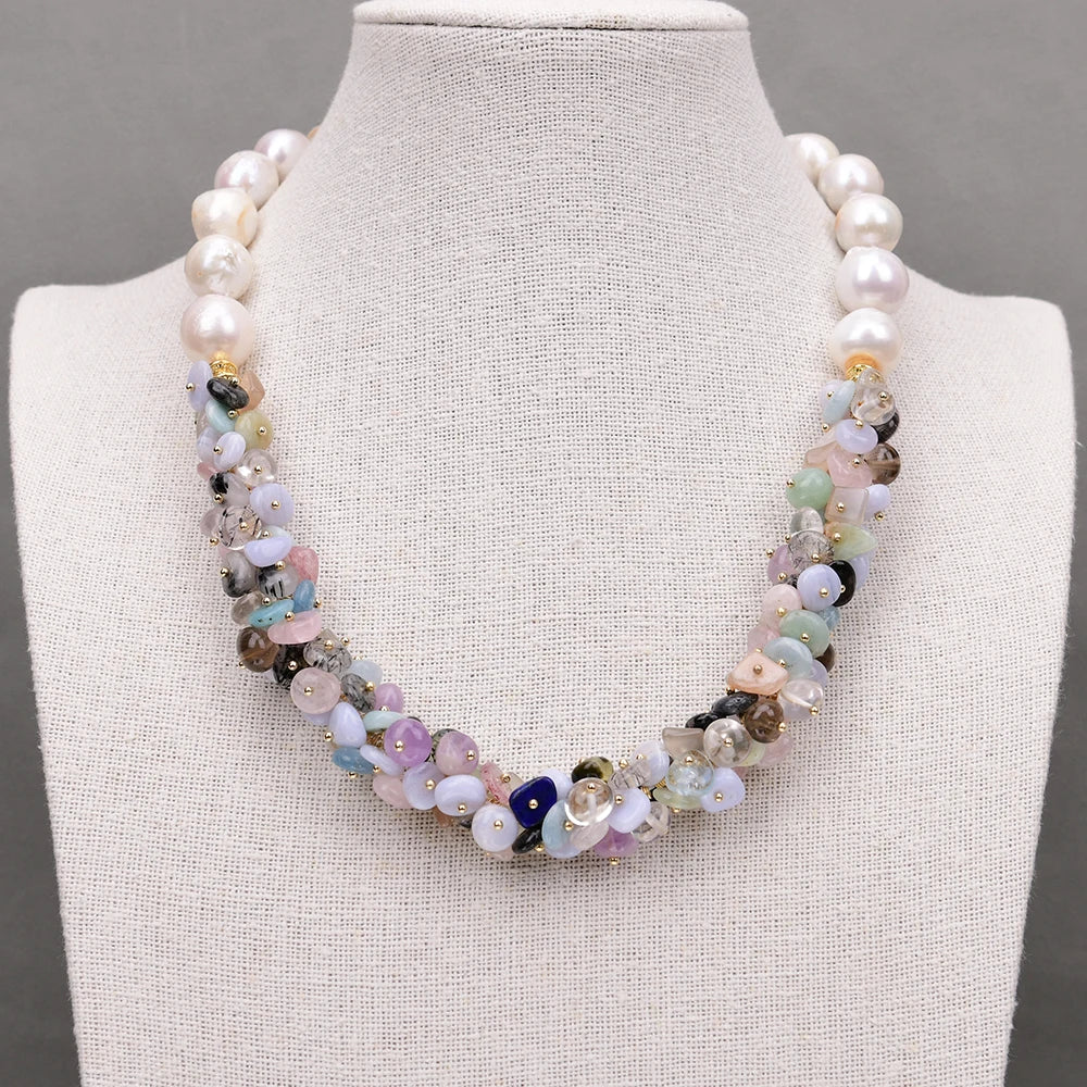 Natural Multi Color Gemstone, Cultured White Keshi Pearl Necklace