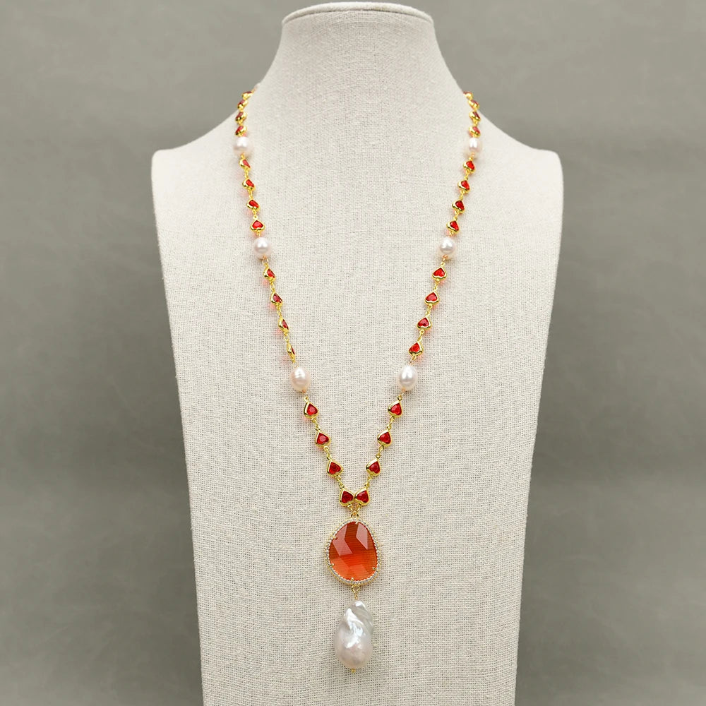 Natural Cultured White Rice Pearl Red Crystal Baroque Pearl Pendant Necklace