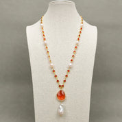 Natural Cultured White Rice Pearl Red Crystal Baroque Pearl Pendant Necklace