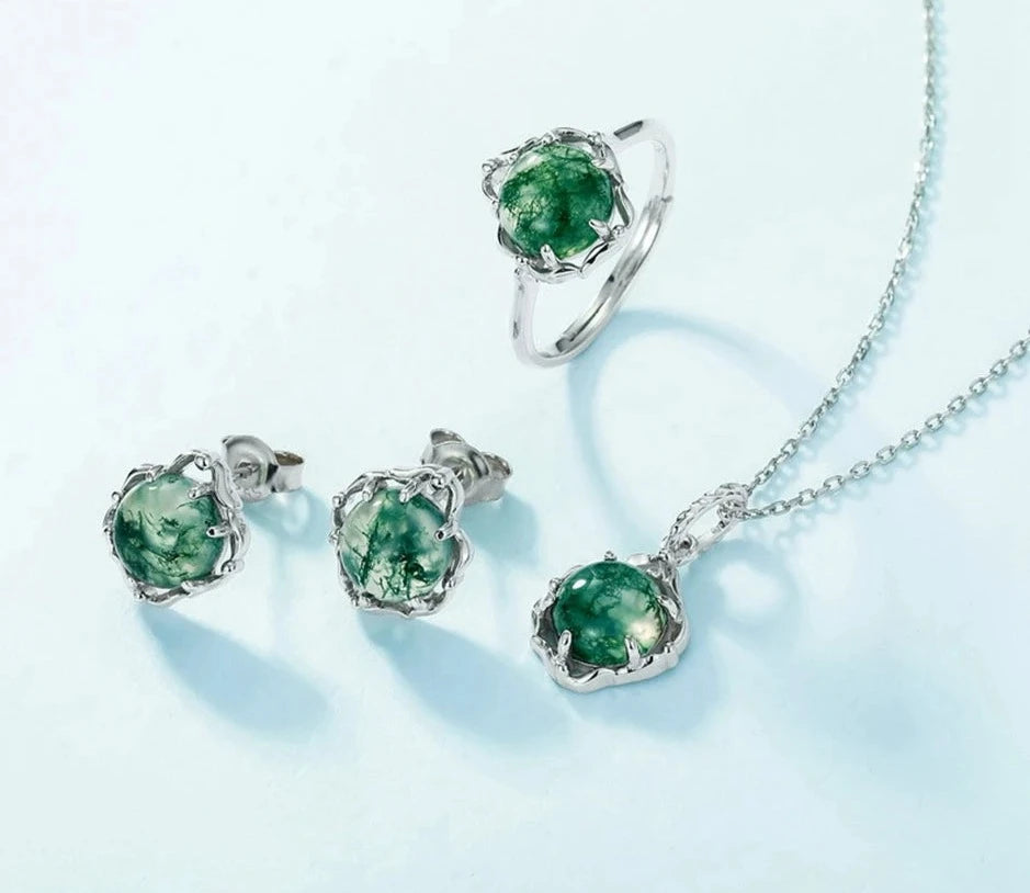 925 Silver 8*8mm Natural Moss Agate Pendant Necklace