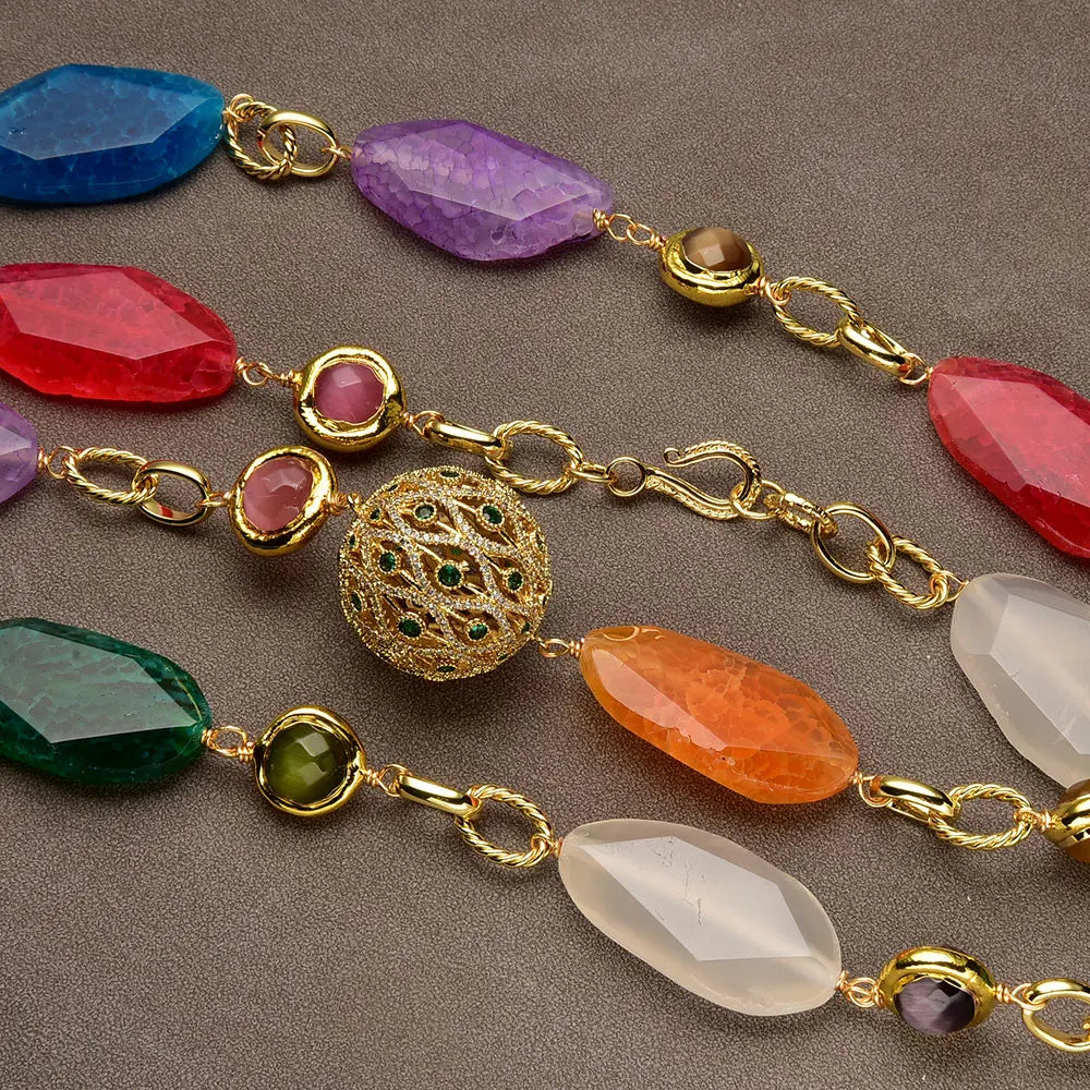 Natural Agate Chunky Real Stone Cat eye 18k plated Gold Beads CZ Long Necklace