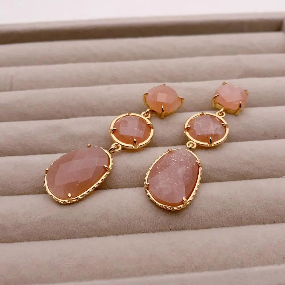 Natural Gemstone Purple Amethyst & Sunstone Drop Earrings