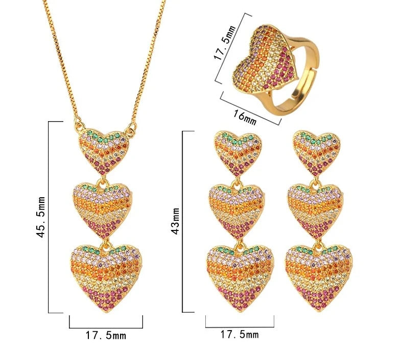 Rainbow CZ Triple Heart Pendant Necklace Set