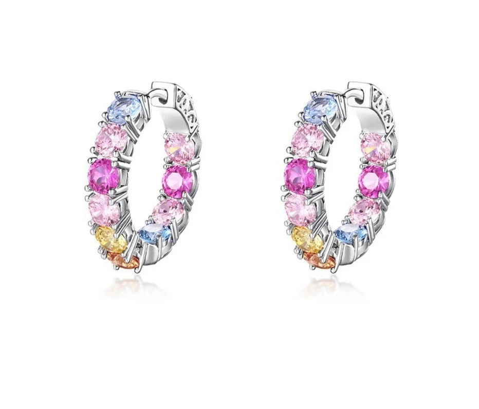 925 Silver Rainbow Crystal Colorful Zicron Hoop Earrings
