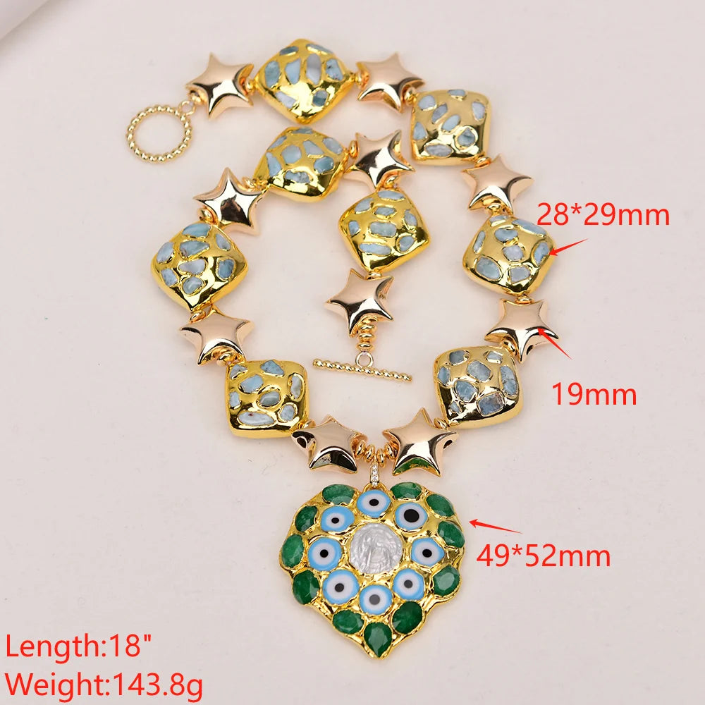 Natural Blue Larimar Pearl Gold Plated Beads Heart Shaped Pearl Jade Pendant Statement Necklace
