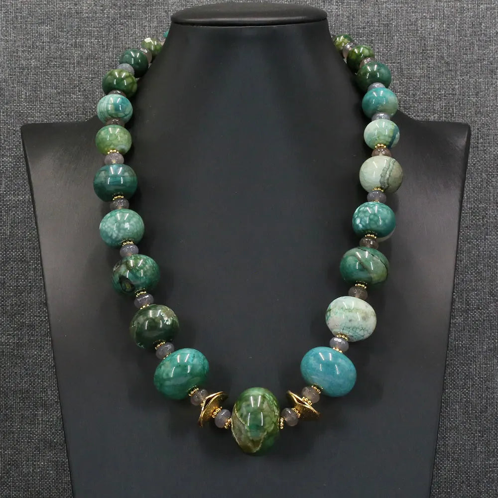 Natural Gemstone Green Emerald Agate Gray Bead Jewelry Set