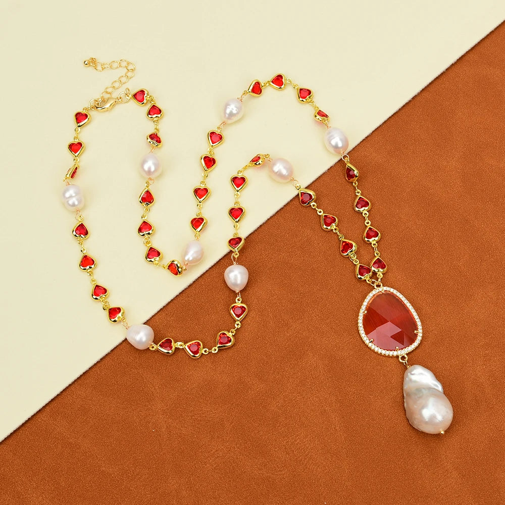 Natural Cultured White Rice Pearl Red Crystal Baroque Pearl Pendant Necklace