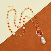 Natural Cultured White Rice Pearl Red Crystal Baroque Pearl Pendant Necklace