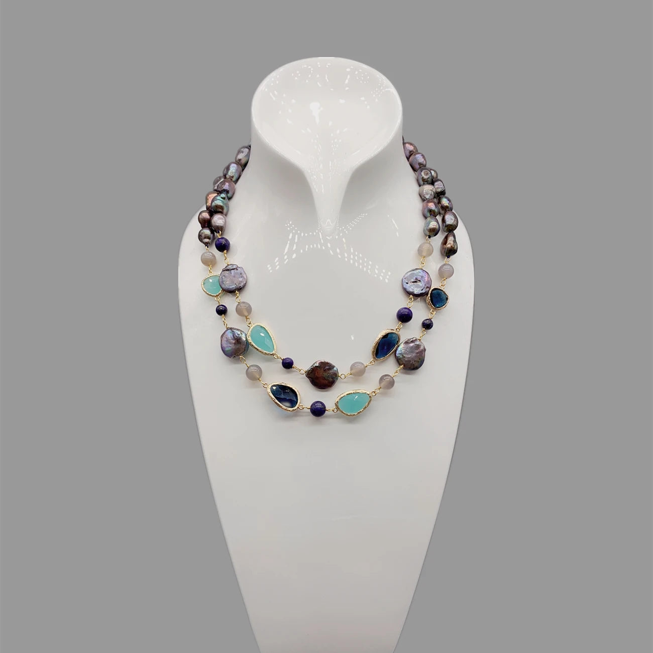 Natural Pearl And Aqua Blue Quartz & Lapis Gemstone Necklace
