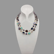 Natural Pearl And Aqua Blue Quartz & Lapis Gemstone Necklace