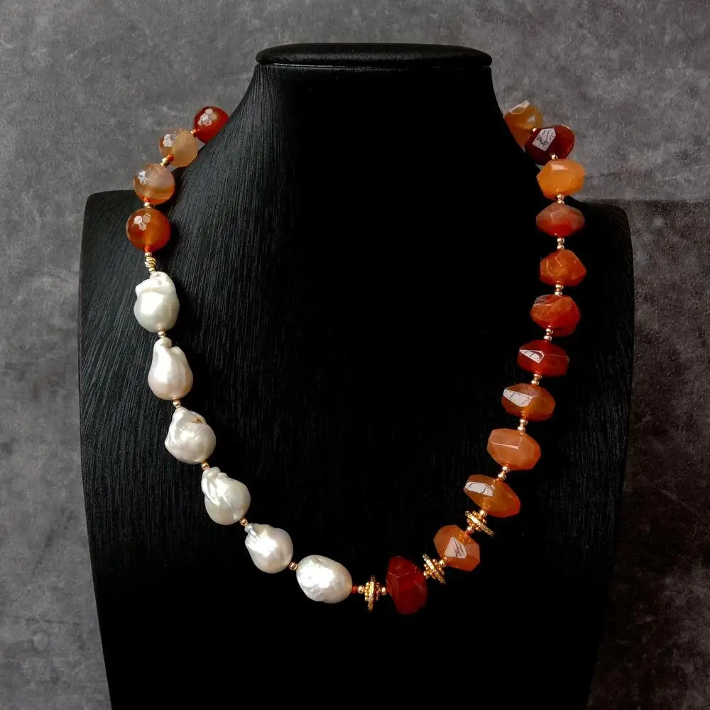 Cultured White Baroque Pearl Red Carnelian Necklace
