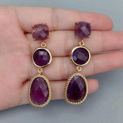 Natural Gemstone Purple Amethyst & Sunstone Drop Earrings
