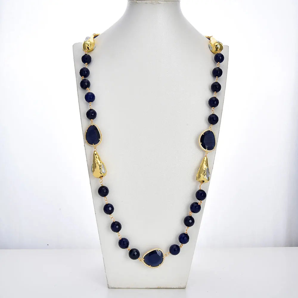 Blue Agate Biwa Pearl Station Necklace