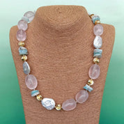 Cultured white pearl, rose quartz, blue larimar Necklace