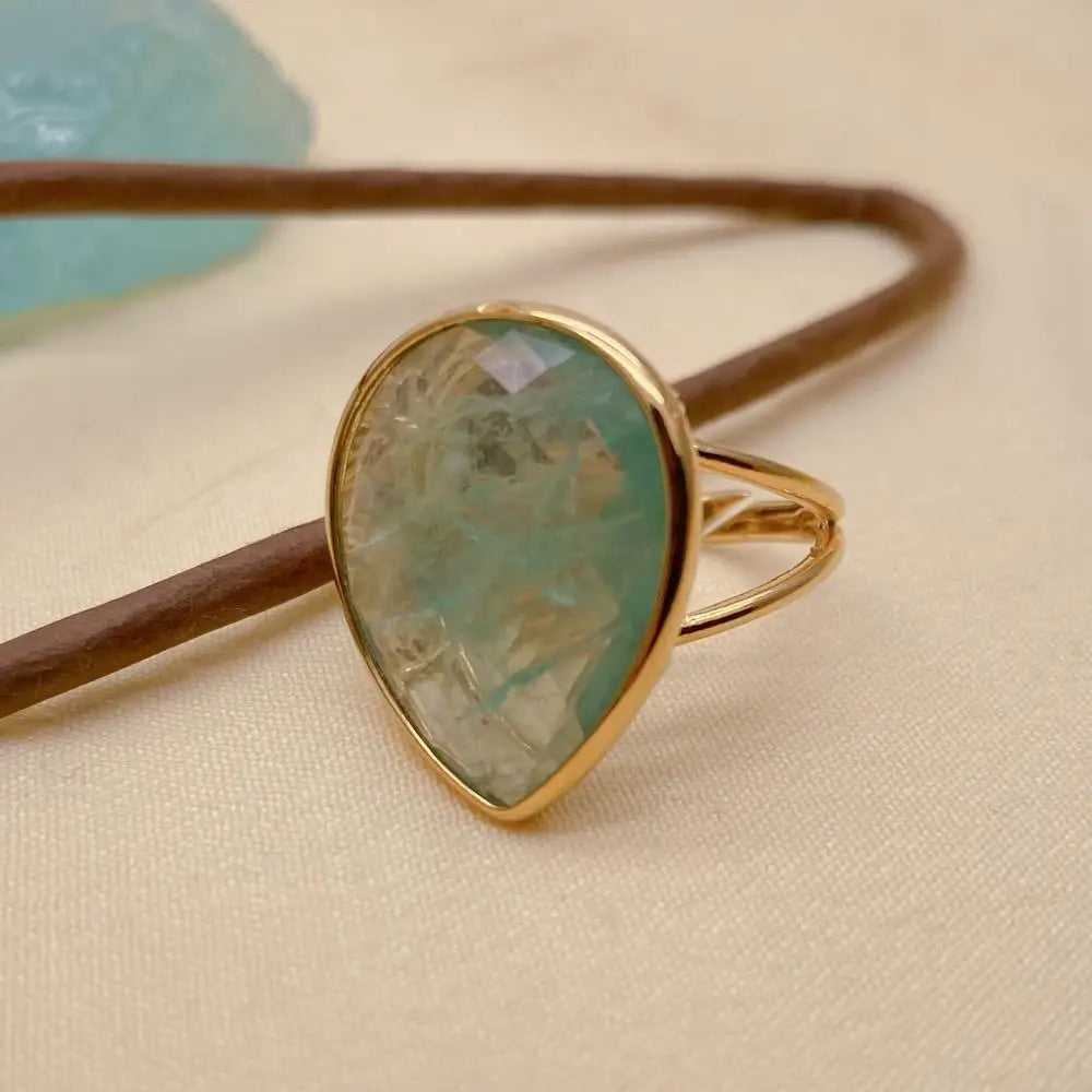 Natural Gemstone Green Fluorite & Purple Amethyst Teardrop Rings