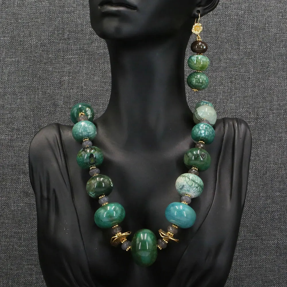 Natural Gemstone Green Emerald Agate Gray Bead Jewelry Set