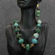 Natural Gemstone Green Emerald Agate Gray Bead Jewelry Set