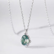 925 Silver Water Drop Moss Agate Pendant Necklace