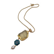 Natural Lemon Quartz & Blue Apatite Gemstone and Keshi Pearl Necklace