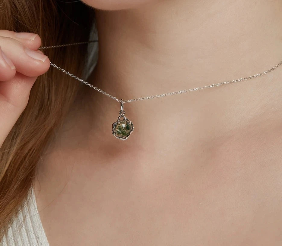 925 Silver 8*8mm Natural Moss Agate Pendant Necklace