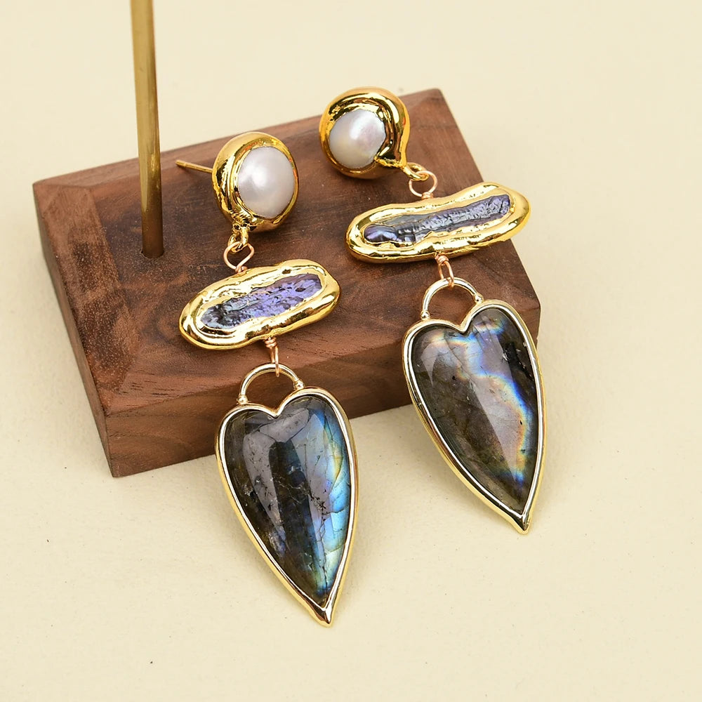 Natural Black Biwa Pearl & Labradorite Gemstone Heart Earrings