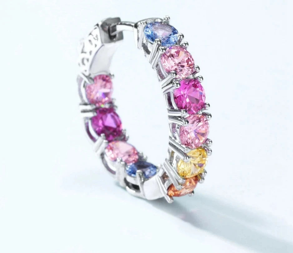 925 Silver Rainbow Crystal Colorful Zicron Hoop Earrings