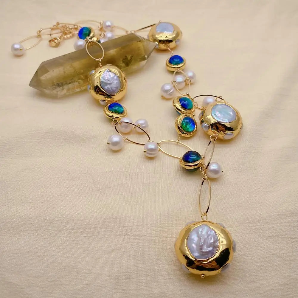 White Keshi Pearl & Blue Murano Glass Necklace