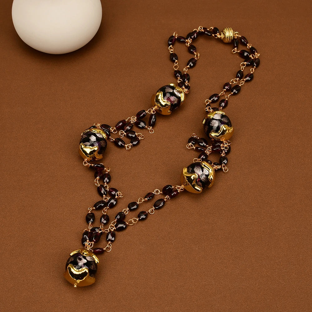 Natural Purple Murano Glass,Red Garnet Rosary Necklace