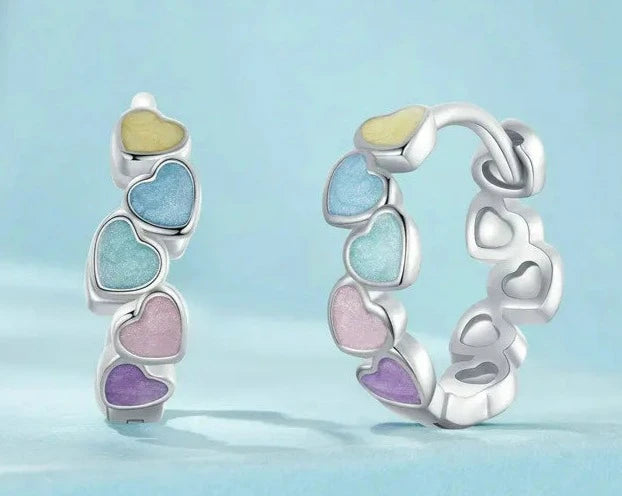 925 Sterling Silver Multi-color Heart Hoop Earrings