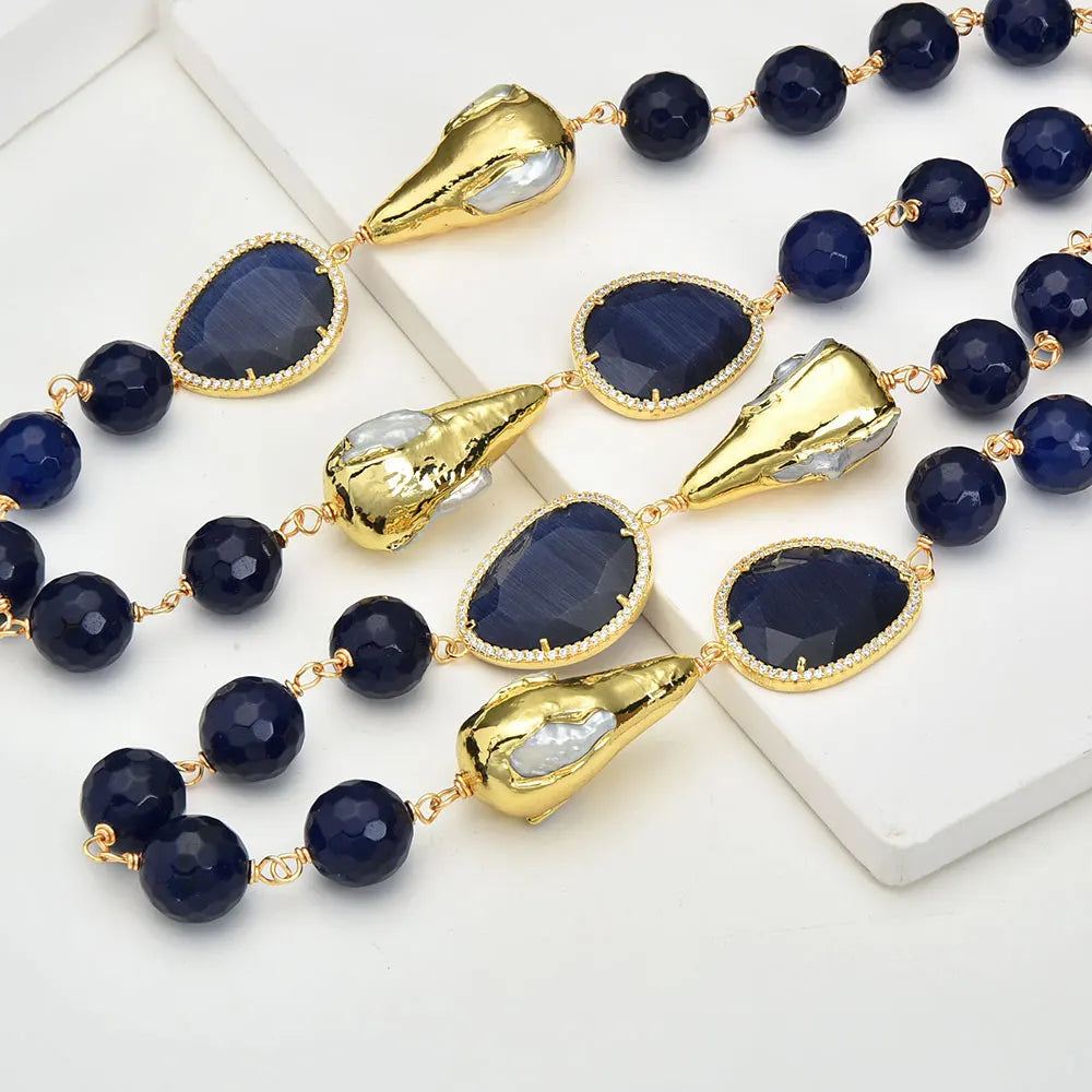 Blue Agate Biwa Pearl Station Necklace