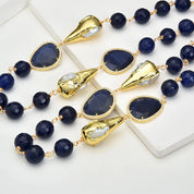 Blue Agate Biwa Pearl Station Necklace