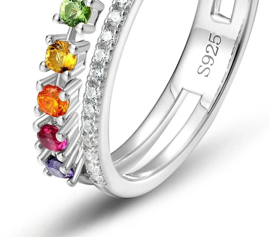 925 Silver Rainbow Crystal Colorful Zicron  rings