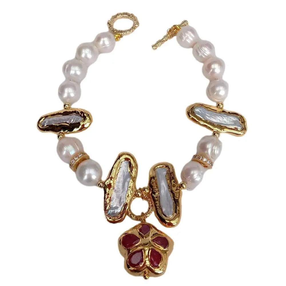 Natural Biwa Pearl & Red Jade Bracelet