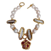 Natural Biwa Pearl & Red Jade Bracelet