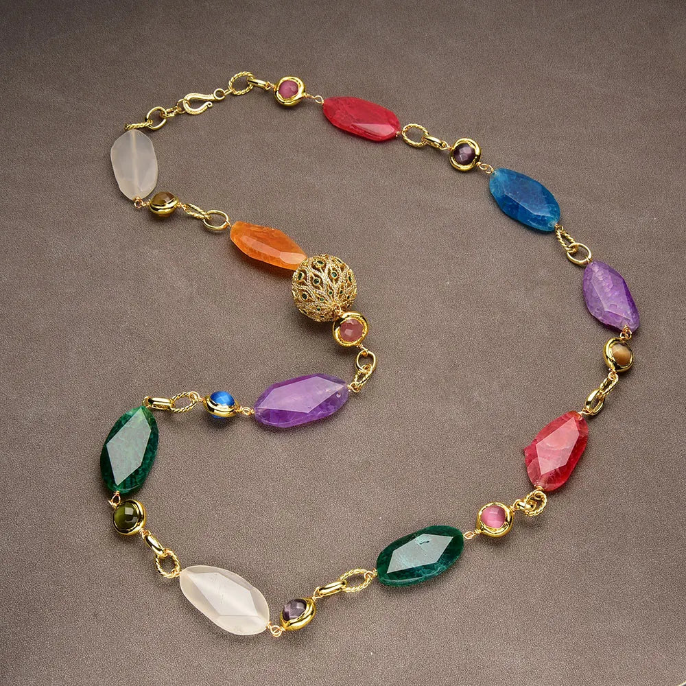 Natural Agate Chunky Real Stone Cat eye 18k plated Gold Beads CZ Long Necklace