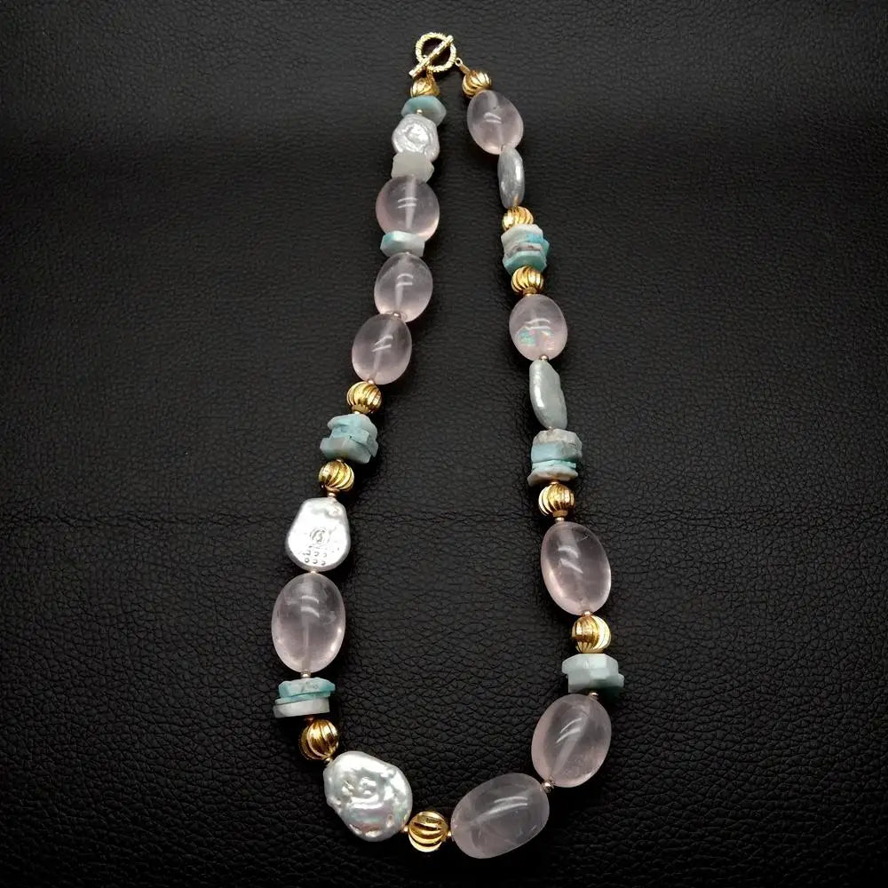 Cultured white pearl, rose quartz, blue larimar Necklace