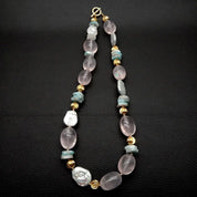 Cultured white pearl, rose quartz, blue larimar Necklace