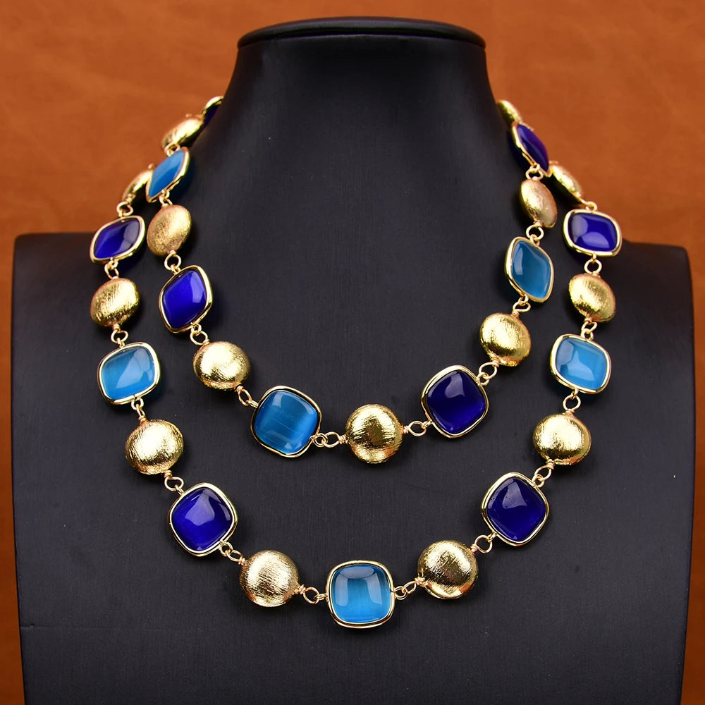 Blue Cat Eye Gold Bead Sweater Chain