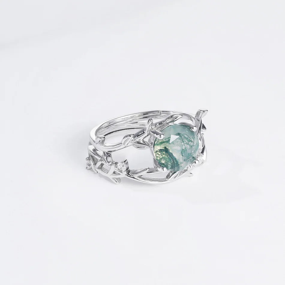925 Silver 8*8mm Natural Moss Agate Rings