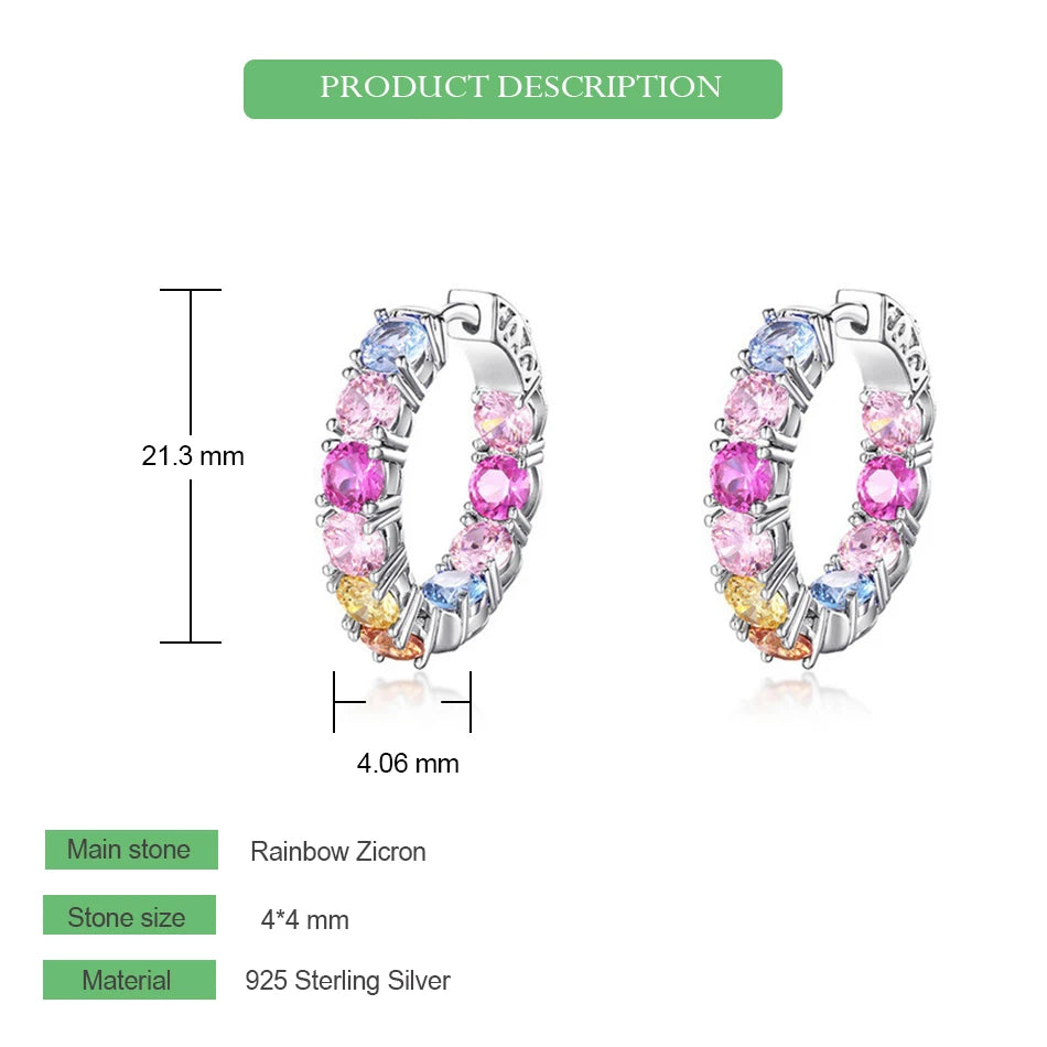 925 Silver Rainbow Crystal Colorful Zicron Hoop Earrings