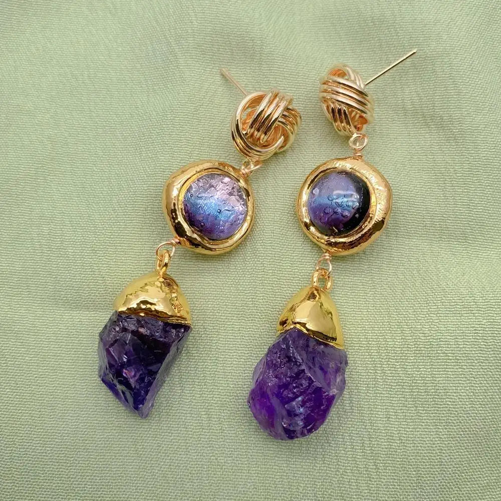 Natural Amethyst Rough Purple Murano Glass Dangle Drop Earrings